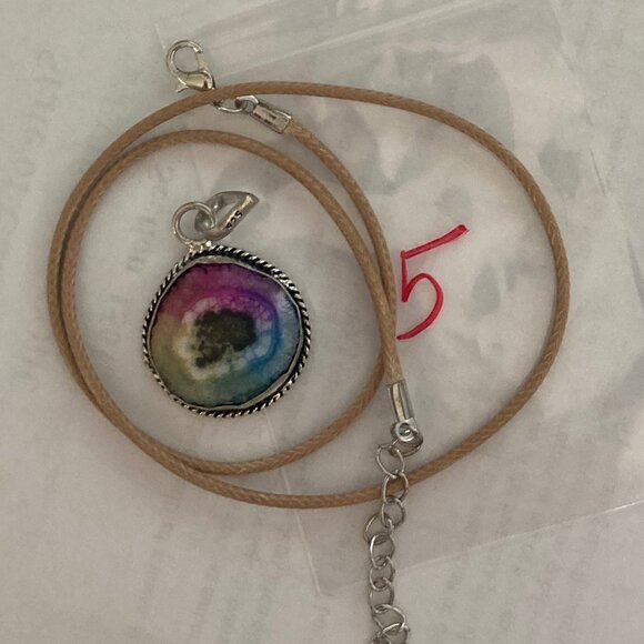 Solar Quartz Druzy With Brown Cord, A solar quartz druzy is a dyed slice of a st - Picture 3 of 3